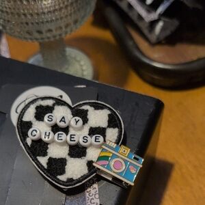 Checkered Heart 'Say Cheese' Brooch with Colorful Camera